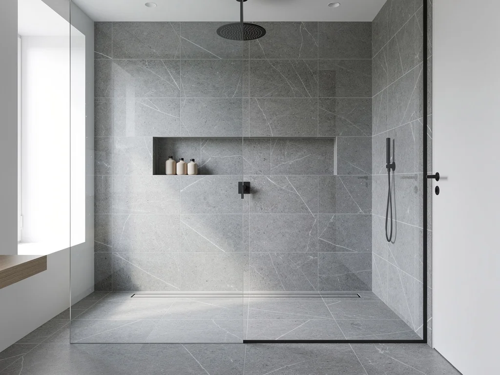 Douche à l'italienne avec paroi vitrée et carrelage grand format effet pierre