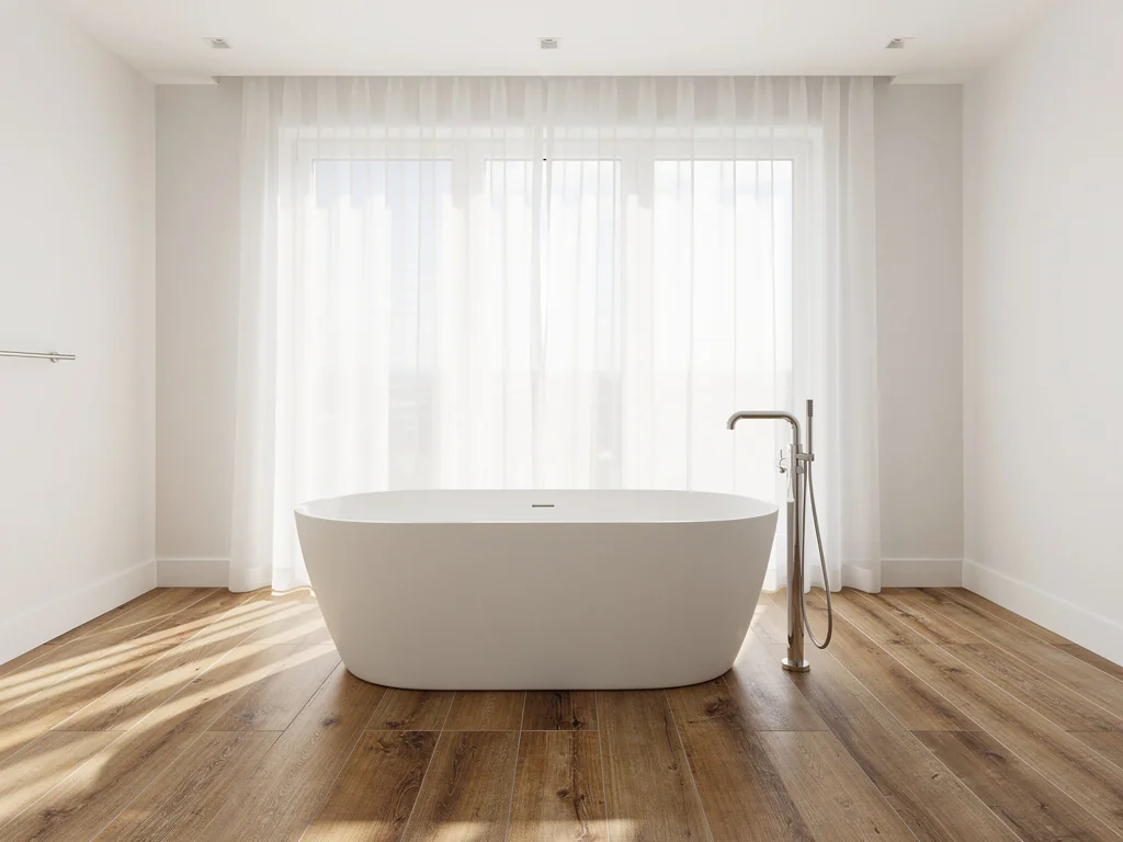 Baignoire îlot blanche et robinetterie sur pied dans une salle de bain lumineuse