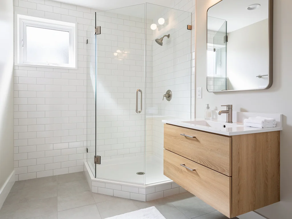 Petite salle de bain refaite avec faïence métro blanche et douche vitrée