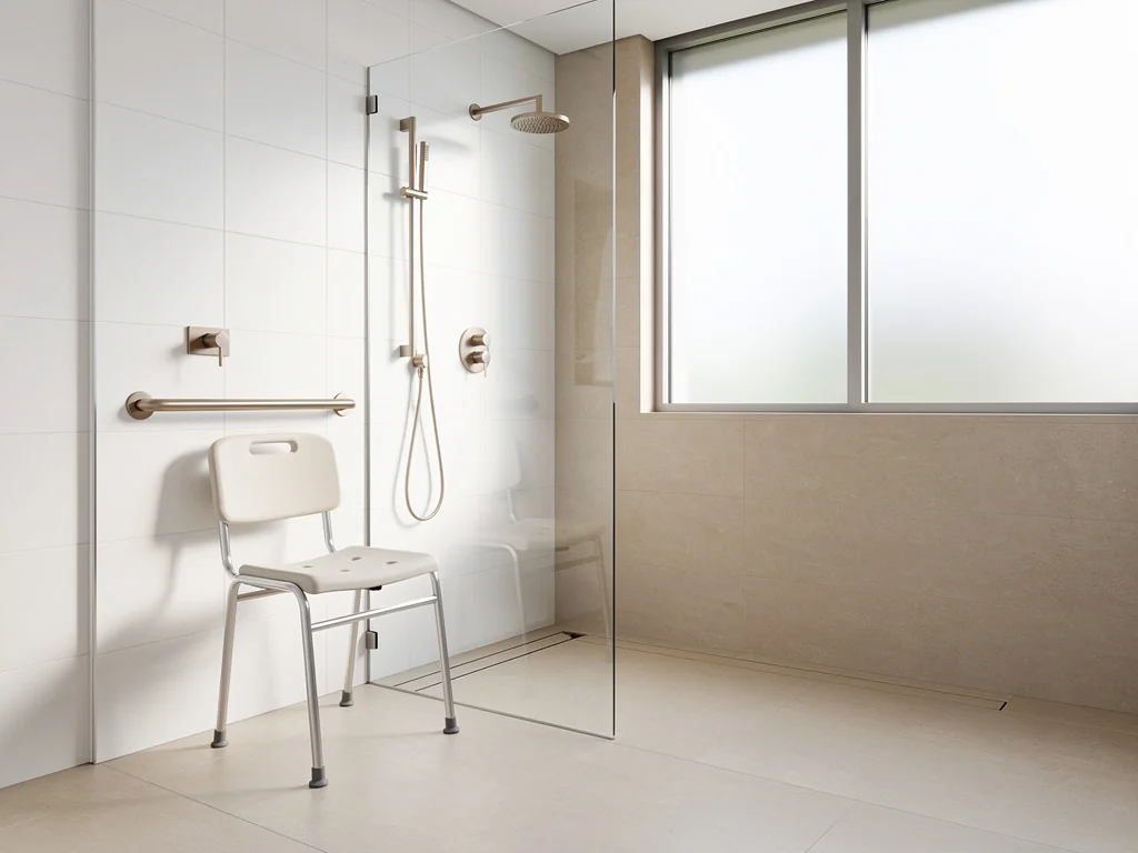 Salle de bain accessible de plain-pied, sol antidérapant et barre d'appui